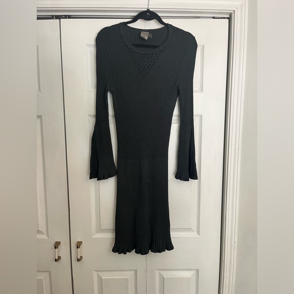 Taylor Charcoal Gray Pointelle Bell Sleeve Ribbed Knit Dress - Picture 3 of 7